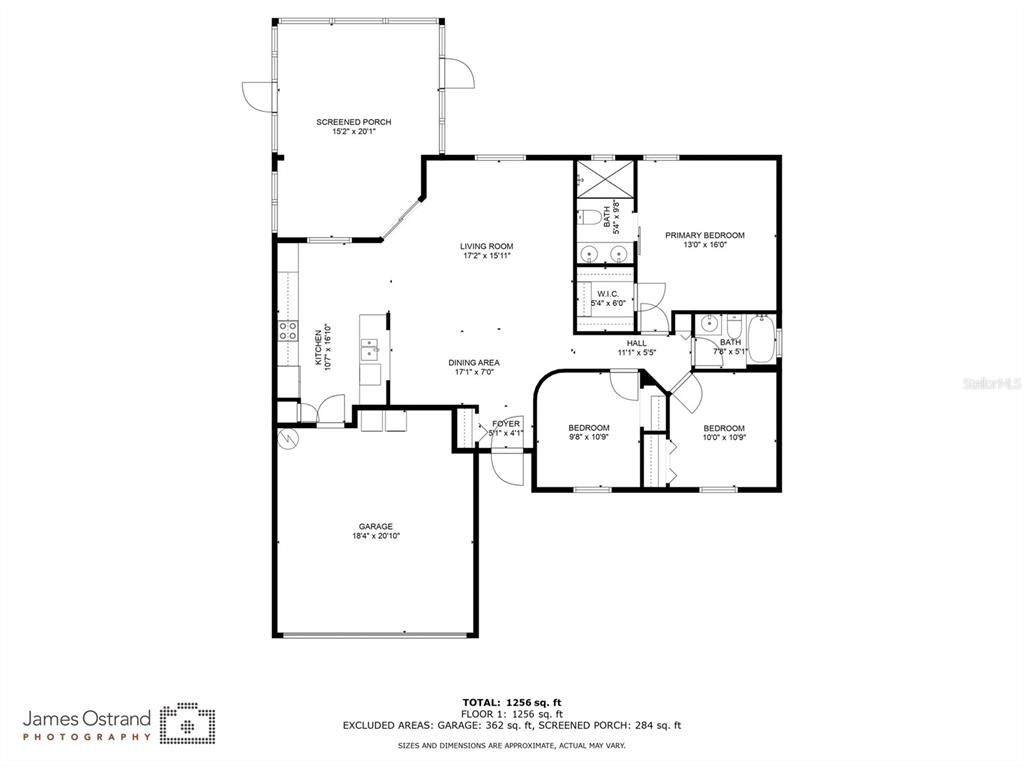 This is a floor plan for a three-bedroom home with a garage and screened porch — 502 36TH STREET W, PALMETTO, FL