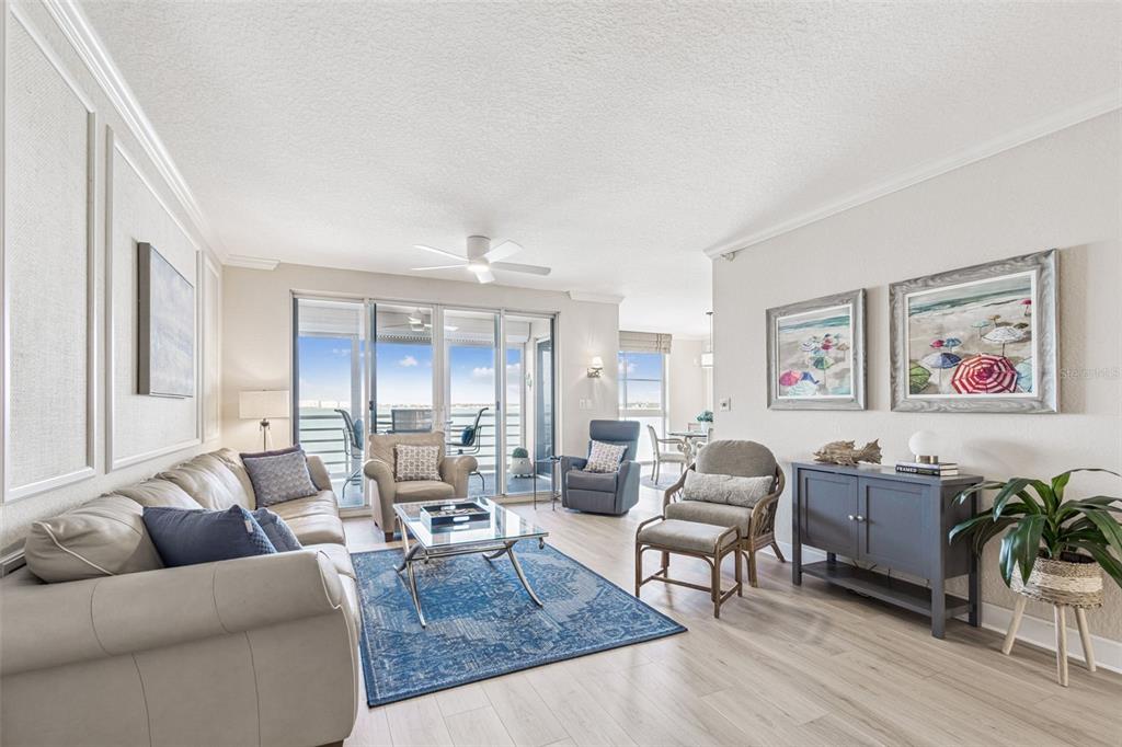 A living room features light wood floors, a blue area rug, and a balcony view — 4953 BACOPA LANE S UNIT 204, ST PETERSBURG, FL