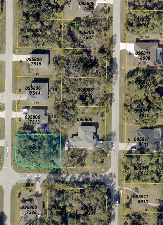 This is an aerial map showing residential lots and houses along a street — MAYWOOD LANE, NORTH PORT, FL