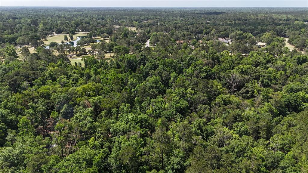 An aerial view shows a dense forest with a small pond and distant residential buildings — 12100 NW US HIGHWAY 441, ALACHUA, FL