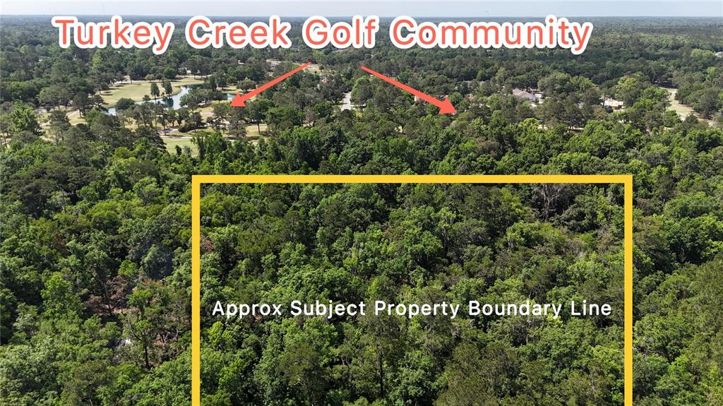 An aerial view shows a wooded lot outlined in yellow near a golf course community — 12100 NW US HIGHWAY 441, ALACHUA, FL