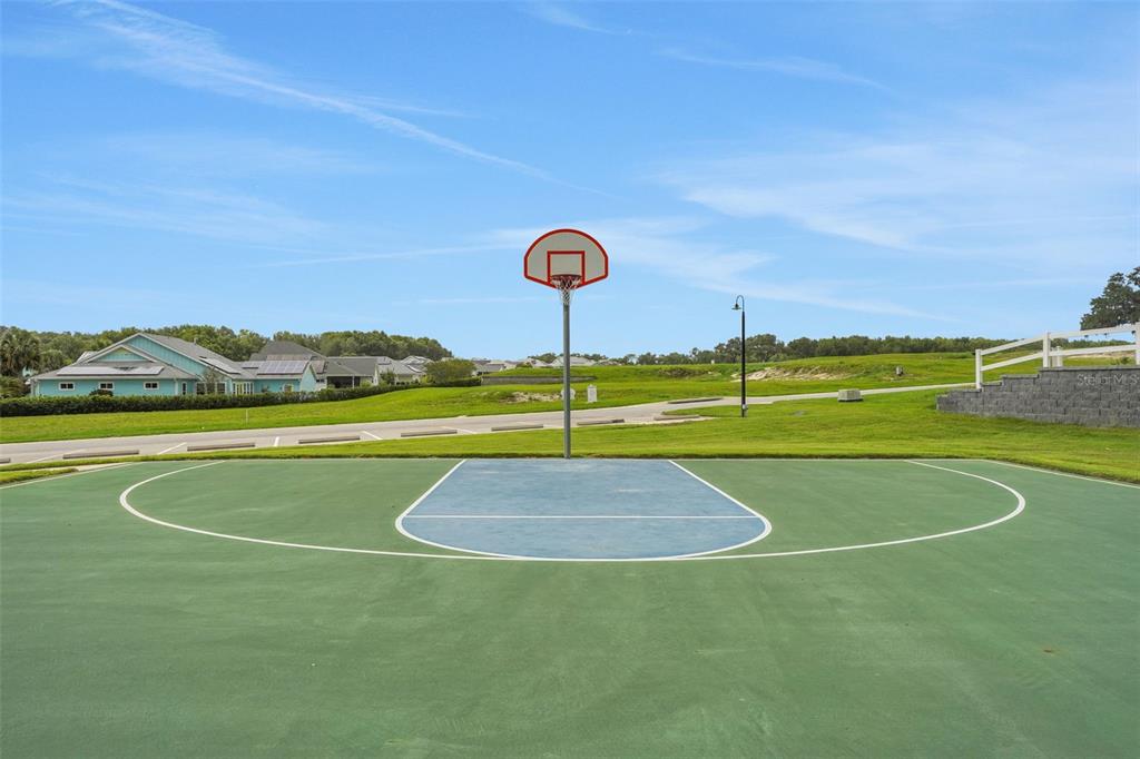 An outdoor basketball court with a single hoop stands on a grassy residential lot — 1038 FIESTA KEY CIRCLE, LADY LAKE, FL