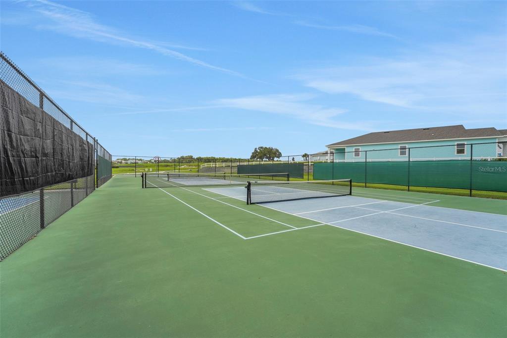 A fenced outdoor pickleball court with a green and blue surface under a clear sky — 1038 FIESTA KEY CIRCLE, LADY LAKE, FL