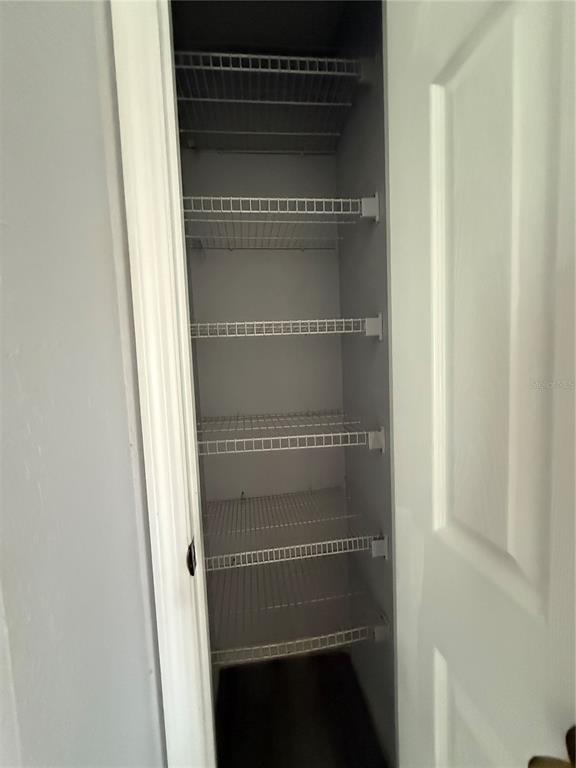 A narrow closet features white wire shelving against light gray walls and dark flooring — 22 HEMLOCK TERRACE, OCALA, FL