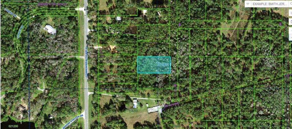 This is a satellite map view showing a highlighted rectangular parcel of land — COMMONWEALTH AVE N, POLK CITY, FL