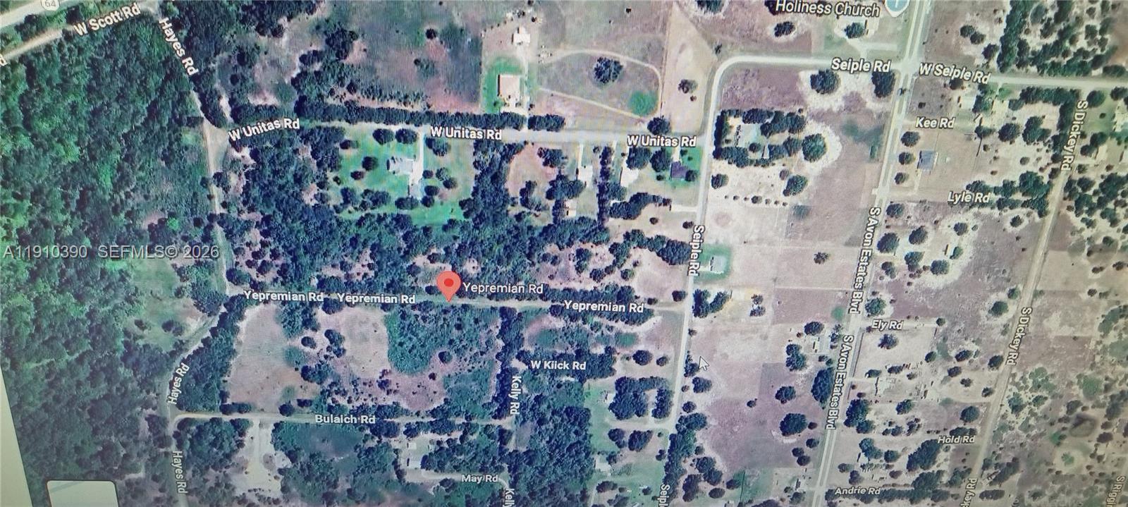 This is an aerial map showing rural roads and land parcels with a location pin — 2822 W Yepremian Rd, Avon Park FL 33825, AVON PARK, FL