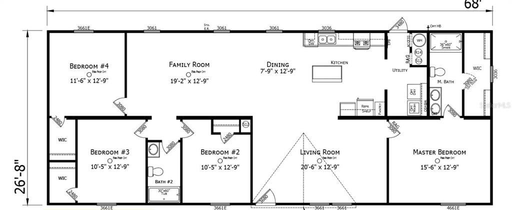 This is a floor plan for a four-bedroom, two-bathroom manufactured home — 2436 EDWIN STREET NE, WINTER HAVEN, FL