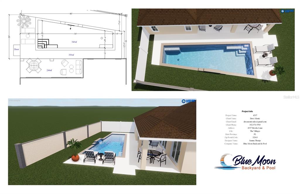 A rendering showing a backyard design with a swimming pool, patio, and house exterior — 4537 BROOKE LANE, THE VILLAGES, FL