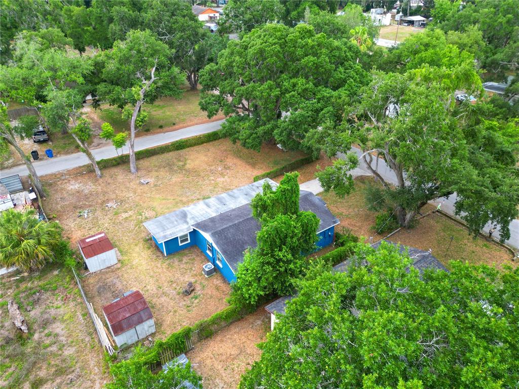 An aerial view shows a blue house with a dark roof surrounded by large trees — 503 MOORE AVENUE, SEFFNER, FL