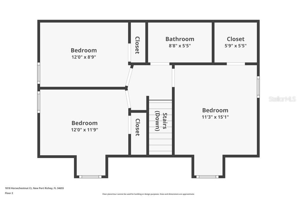 This is a floor plan showing the layout of a second floor with three bedrooms — 1818 HORSECHESTNUT COURT, NEW PORT RICHEY, FL