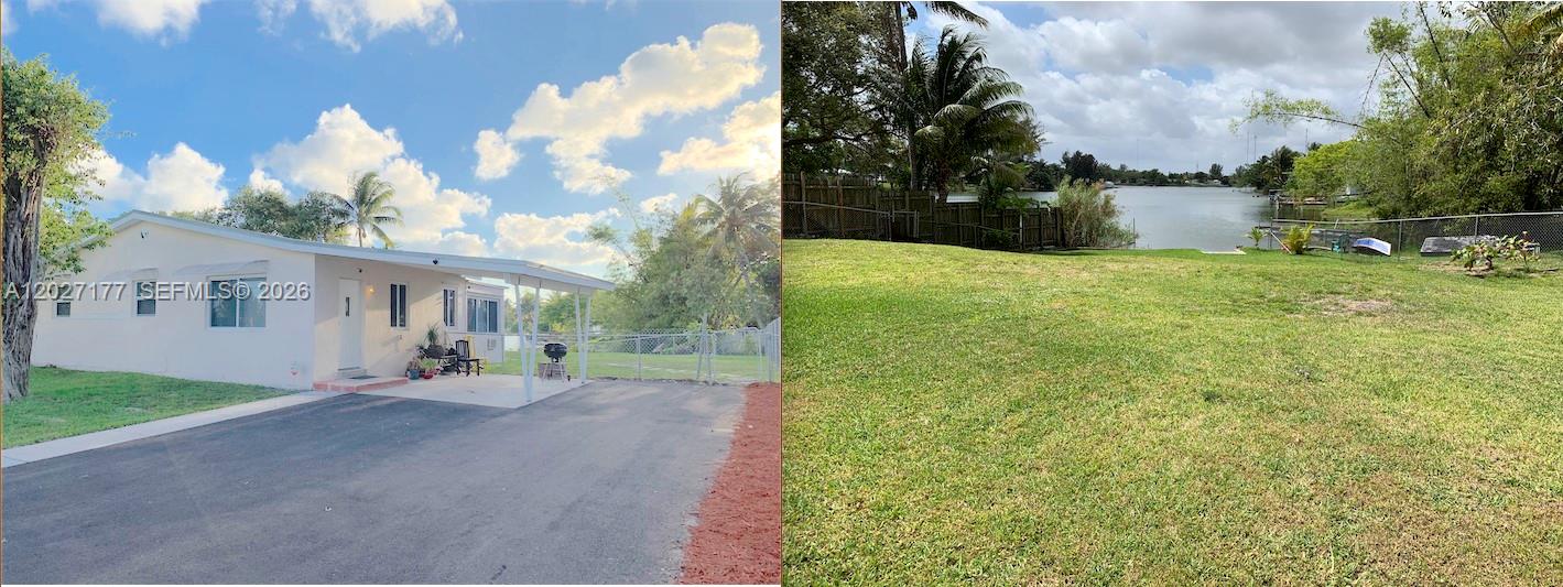 A side-by-side view shows a single-story house with a carport and a grassy backyard — 3300 SW 32nd Ave, West Park FL 33023, WEST PARK, FL