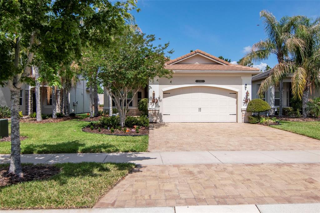 A single-story house with a beige stucco exterior, a two-car garage, and a paved driveway — 2761 TARRAGONA WAY, WESLEY CHAPEL, FL