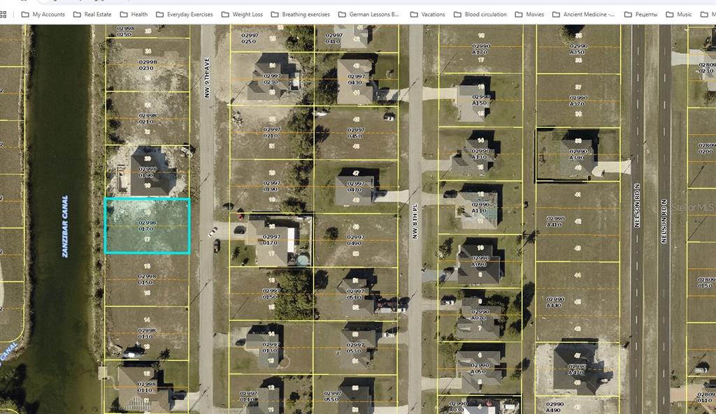 This is an aerial map showing residential lots, including one highlighted in light blue — 2500 NW 9TH AVENUE, CAPE CORAL, FL