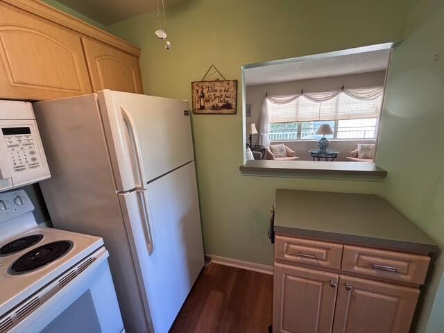 A kitchen features a white refrigerator, light wood cabinets, and a pass-through window to a living area — 340 W Horizons # 205, Boynton Beach FL 33435, BOYNTON BEACH, FL