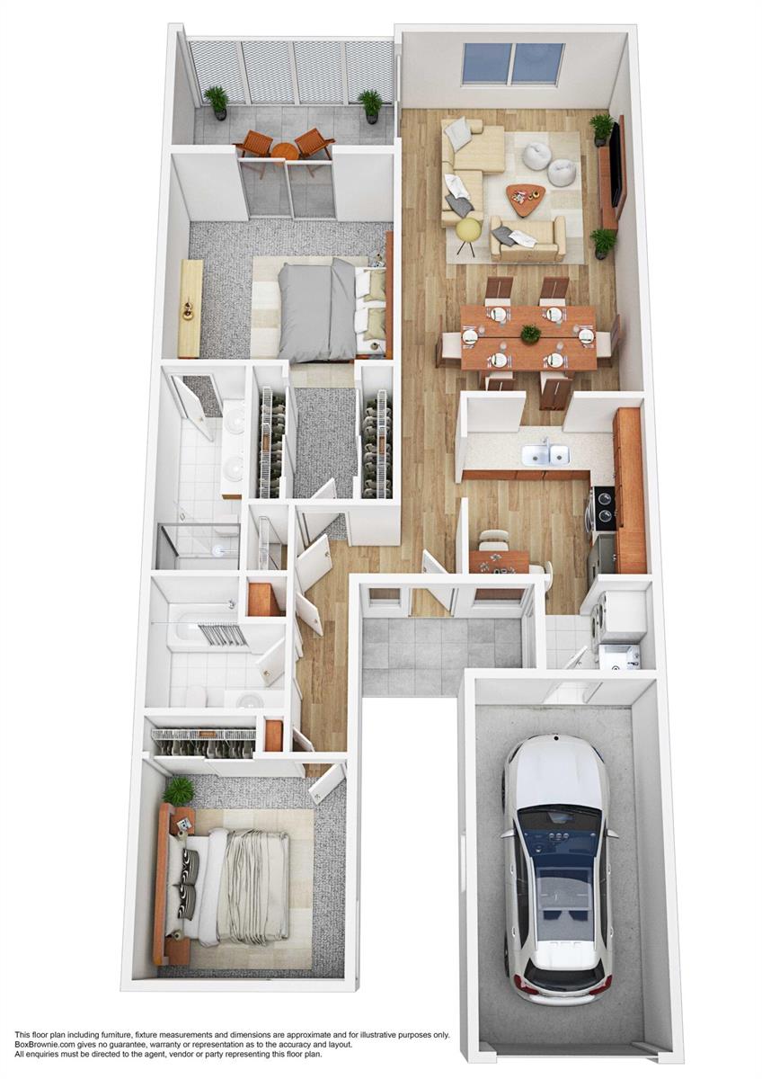 This 3D floor plan shows a two-bedroom apartment with an attached garage and balcony — 8128 Summerbreeze Lane, Boca Raton FL 33496, BOCA RATON, FL