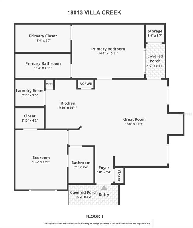 This is a floor plan for a one-story residential unit with two bedrooms — 18013 VILLA CREEK DRIVE, TAMPA, FL