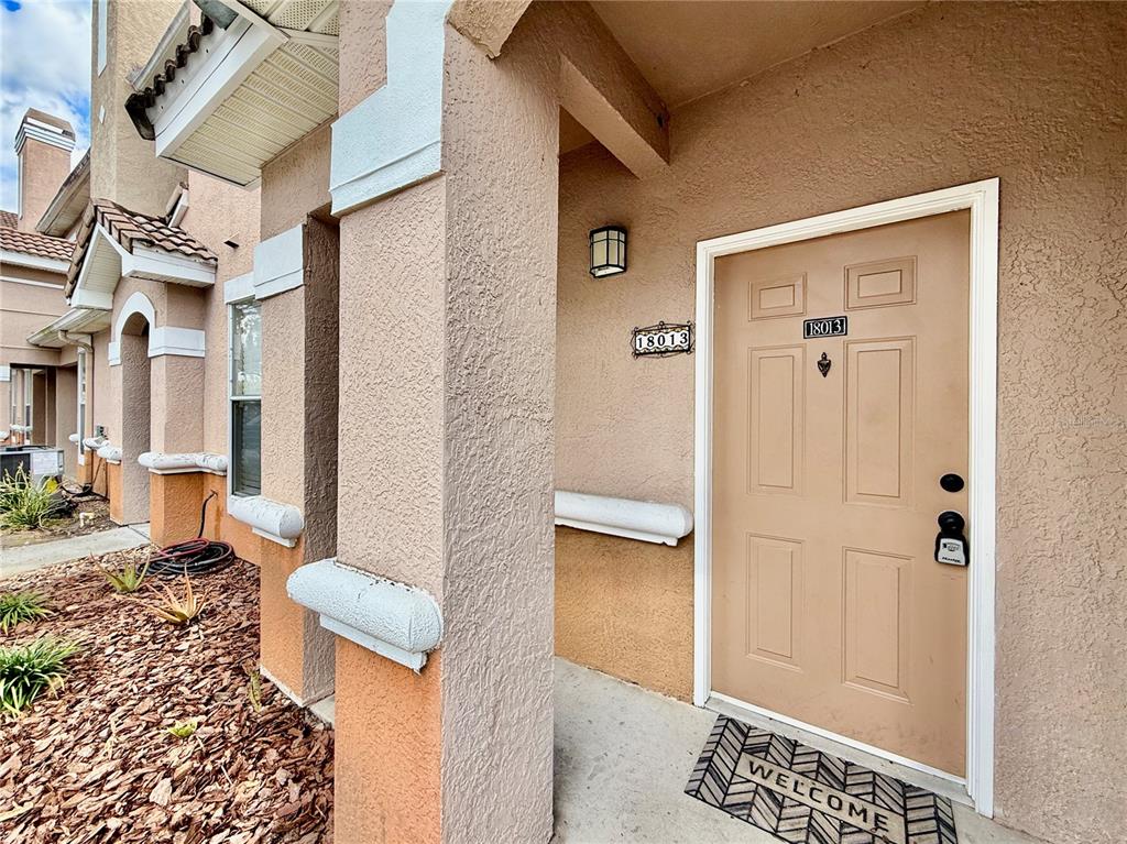The exterior entrance features a tan door with a welcome mat and stucco walls — 18013 VILLA CREEK DRIVE, TAMPA, FL