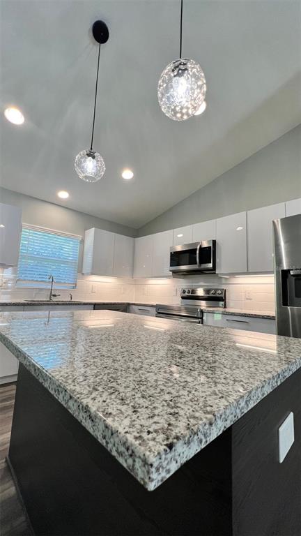 A modern kitchen features a granite-topped island, white cabinetry, stainless steel appliances, and pendant lighting — TBD FISHER LANE TRACK, OCKLAWAHA, FL