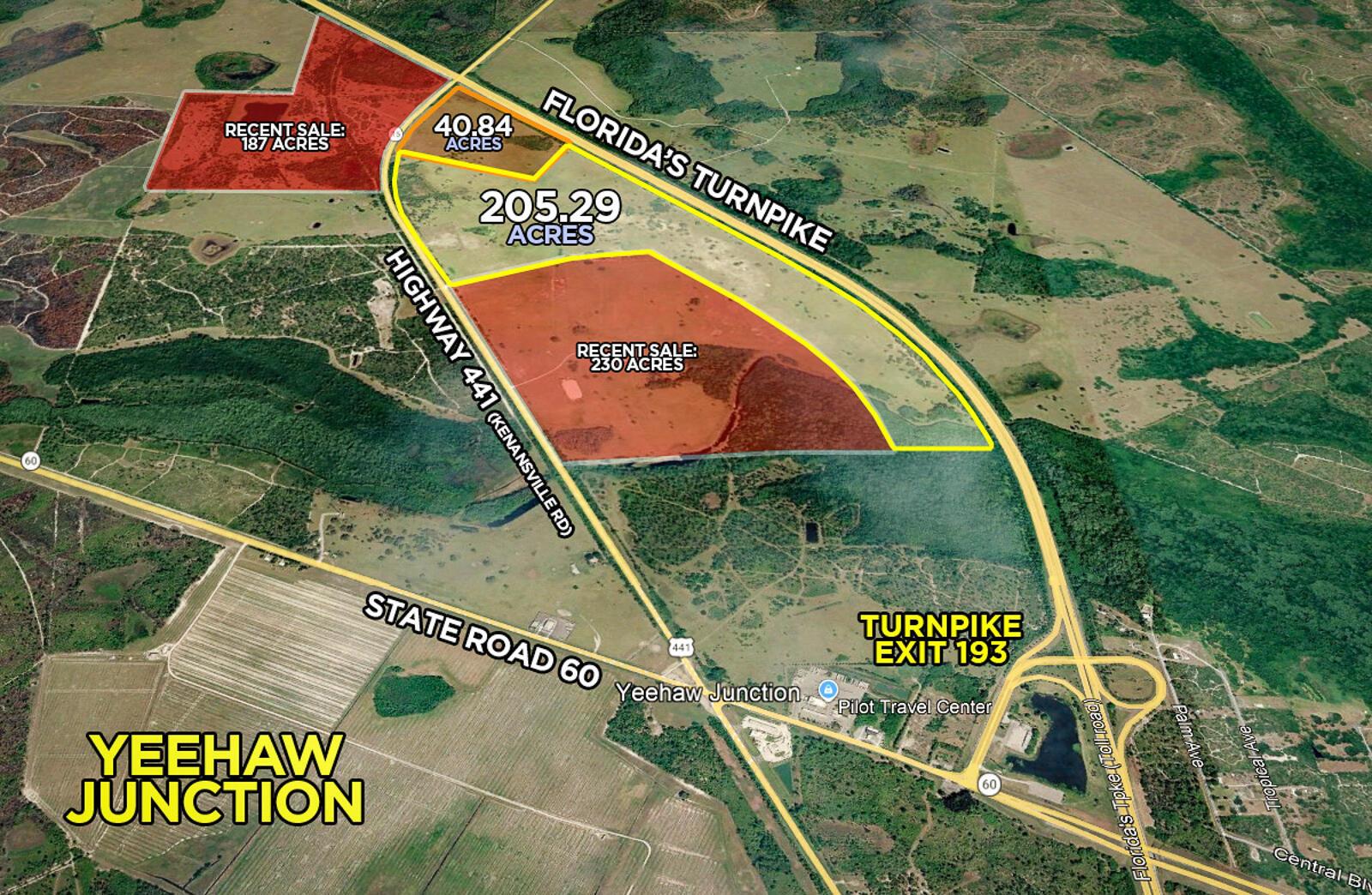 An aerial map shows land parcels for sale near the intersection of Florida's Turnpike and Highway 441 — 5001 S Kenansville Road, Okeechobee FL 34972, OKEECHOBEE, FL