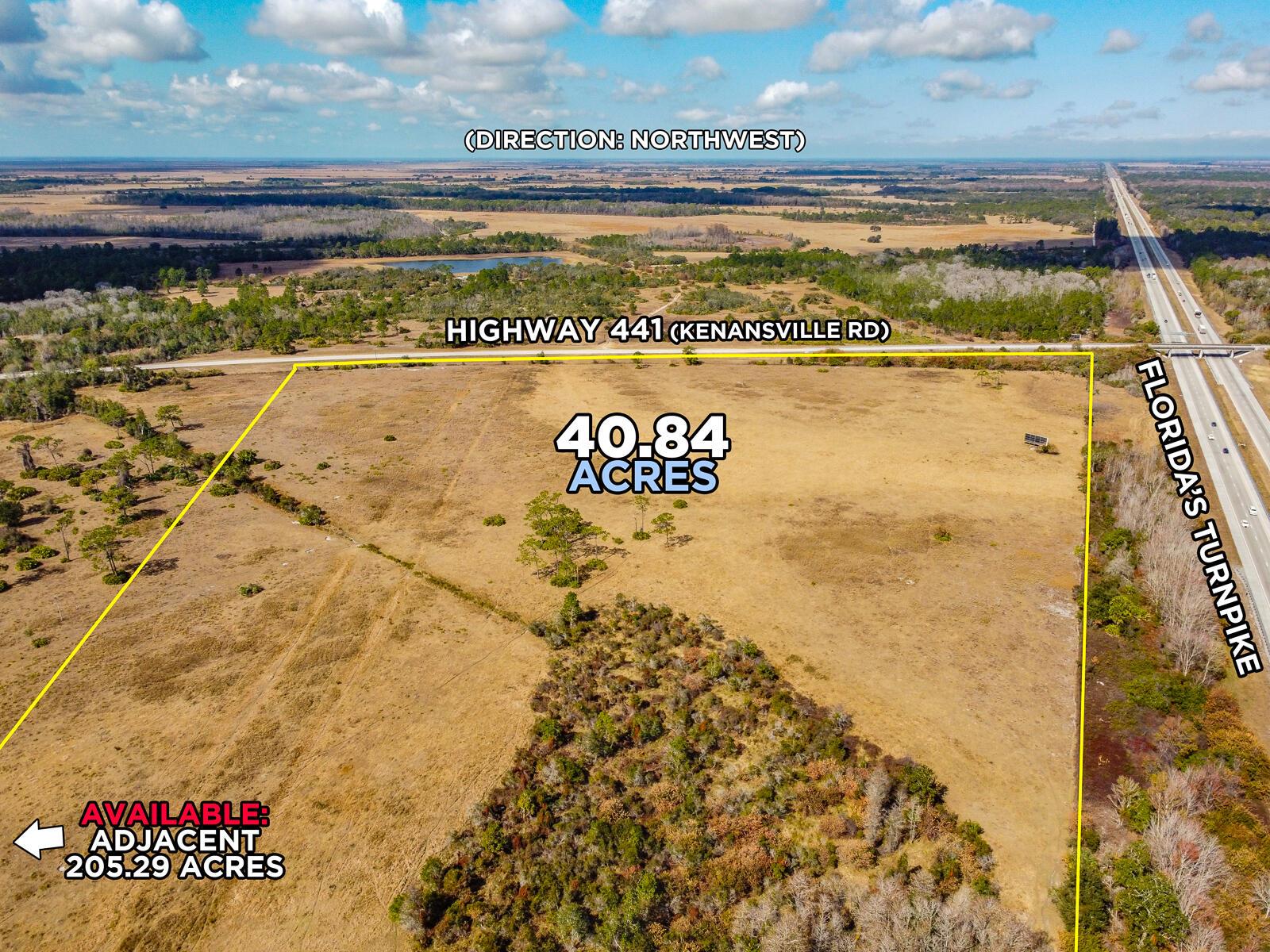 An aerial view shows a 40.84-acre plot of land bordered by a highway and a turnpike — 5001 S Kenansville Road, Okeechobee FL 34972, OKEECHOBEE, FL