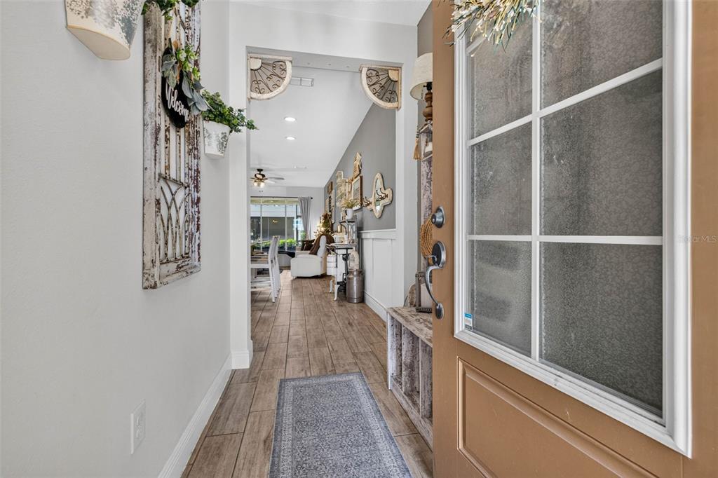A view from an open front door into a hallway with wood-look tile flooring — 6231 SCARLET DARTER WAY, TAMPA, FL
