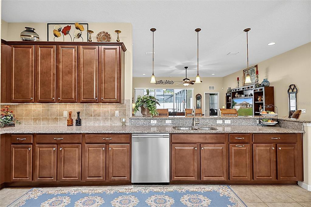 A kitchen features dark wood cabinets, granite countertops, a stainless steel dishwasher, and pendant lighting — 2 LYTTON LANE, PALM COAST, FL