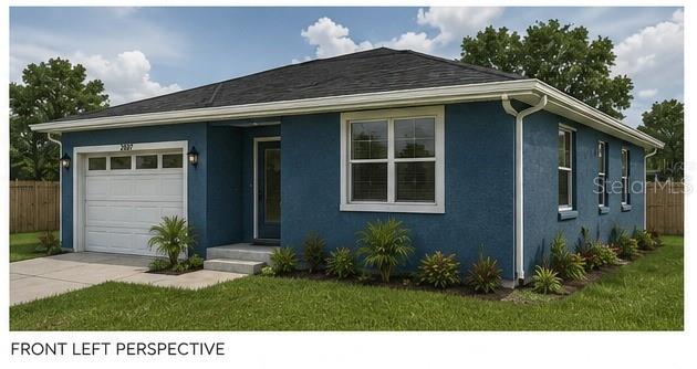 A blue single-story house with a white garage door and a dark shingled roof — 2307 N 48TH STREET, TAMPA, FL