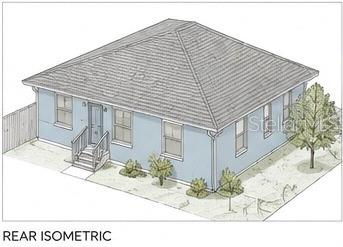 An architectural rendering shows the rear isometric view of a light blue house with a roof — 2307 N 48TH STREET, TAMPA, FL