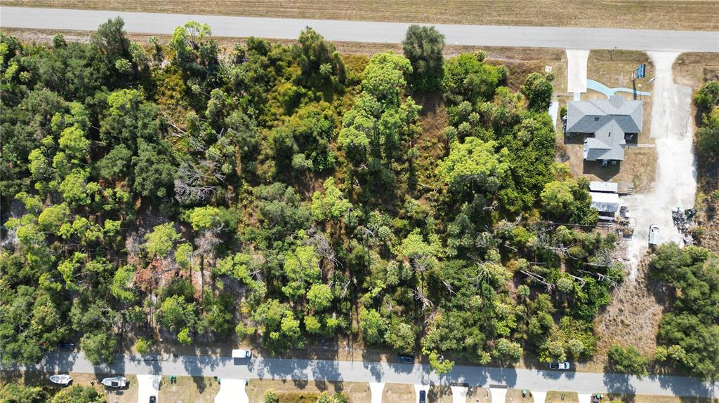 An aerial view shows a wooded lot adjacent to a house and a paved road — 380 TAMIAMI TRAIL, PORT CHARLOTTE, FL