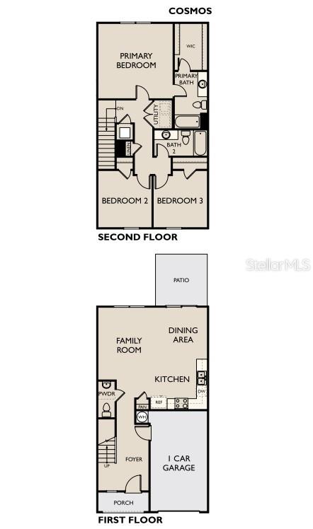 This floor plan shows a two-story home with a garage, patio, and three bedrooms — 3676 SPIRE DRIVE, DAVENPORT, FL