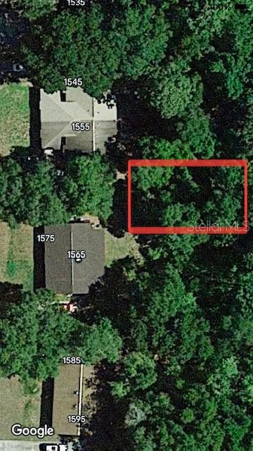This aerial map shows a wooded residential lot outlined in red next to existing houses — NO STREET, DELAND, FL