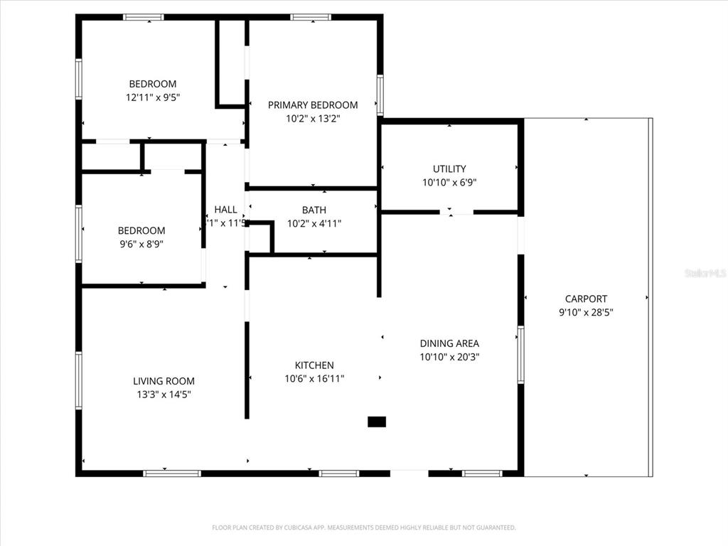 This is a floor plan showing a house layout with three bedrooms, one bathroom, and a carport — 1307 MAYFLOWER DRIVE, LAKELAND, FL