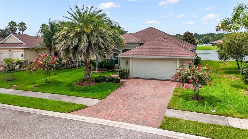 A single-story house with a brick driveway, a large palm tree, and a lake view — 64 ARENA LAKE DRIVE, PALM COAST, FL