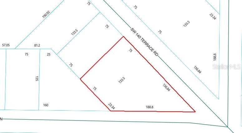 This is a property survey map showing the lot dimensions and boundaries of a parcel — SW 140 TERRACE RD, OCALA, FL