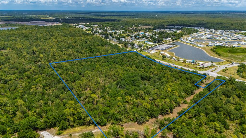 An aerial view shows a large, wooded plot of land outlined in blue near a lake — SW CO RD 769, LAKE SUZY, FL