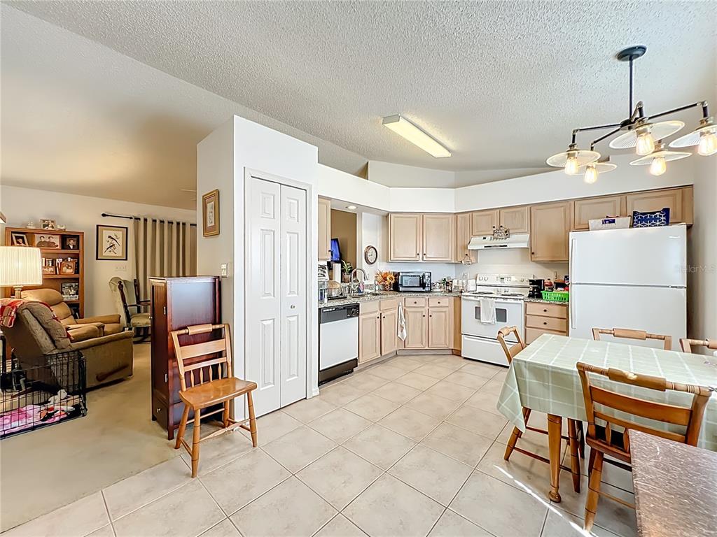 A kitchen with light wood cabinets and tile flooring opens into a carpeted living area — 25227 WILD HERON, LEESBURG, FL