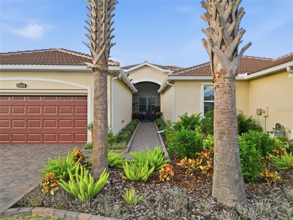 The exterior of a single-story house features a paved walkway, two palm trees, and landscaping — 4717 AVILA LAKES DRIVE, WIMAUMA, FL
