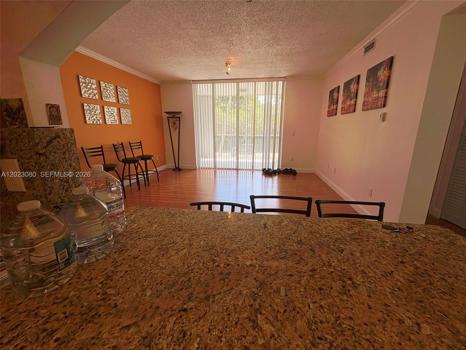 An empty room features wood-look flooring, light-colored walls, and vertical blinds covering a sliding door — DORAL, FL