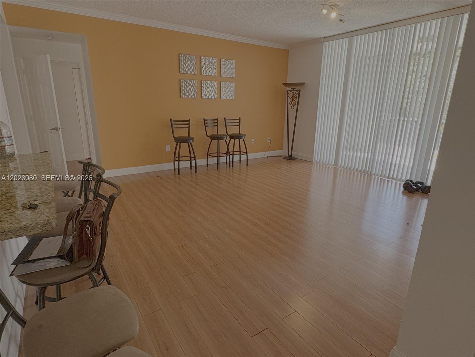 An empty living room features wood-look flooring, vertical blinds, and three wall-mounted landscape paintings — DORAL, FL