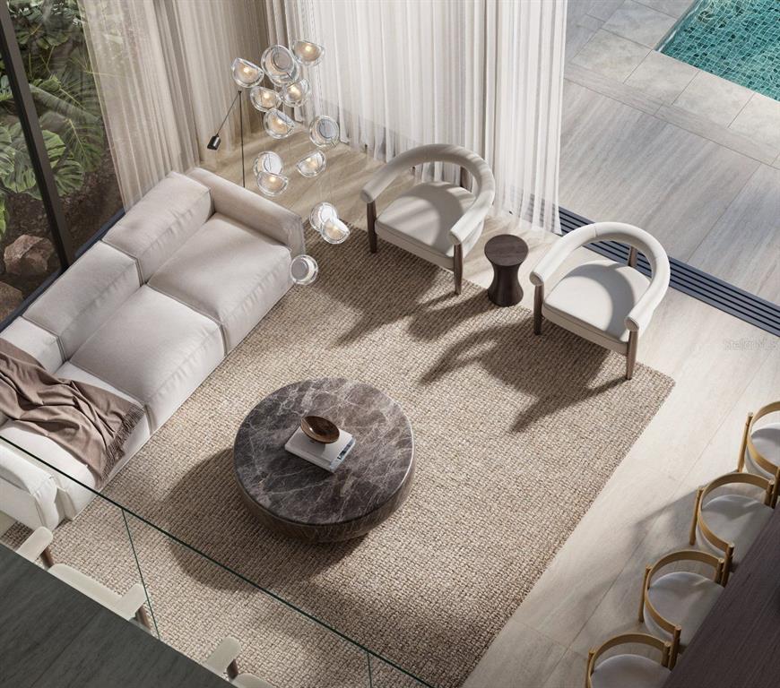 This rendering shows a modern living room with a sofa, two armchairs, and a pool view — 47 SERENO, GUAYNABO, PR