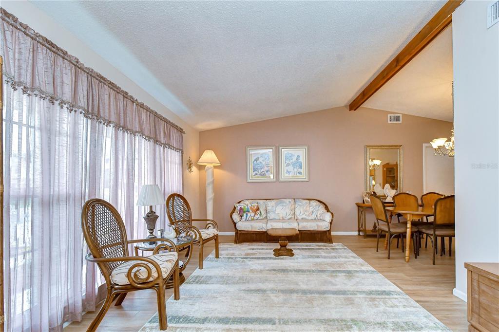 A living room with a sofa, two wicker chairs, and an adjacent dining area — 12604 TRUCIOUS PLACE, TAMPA, FL