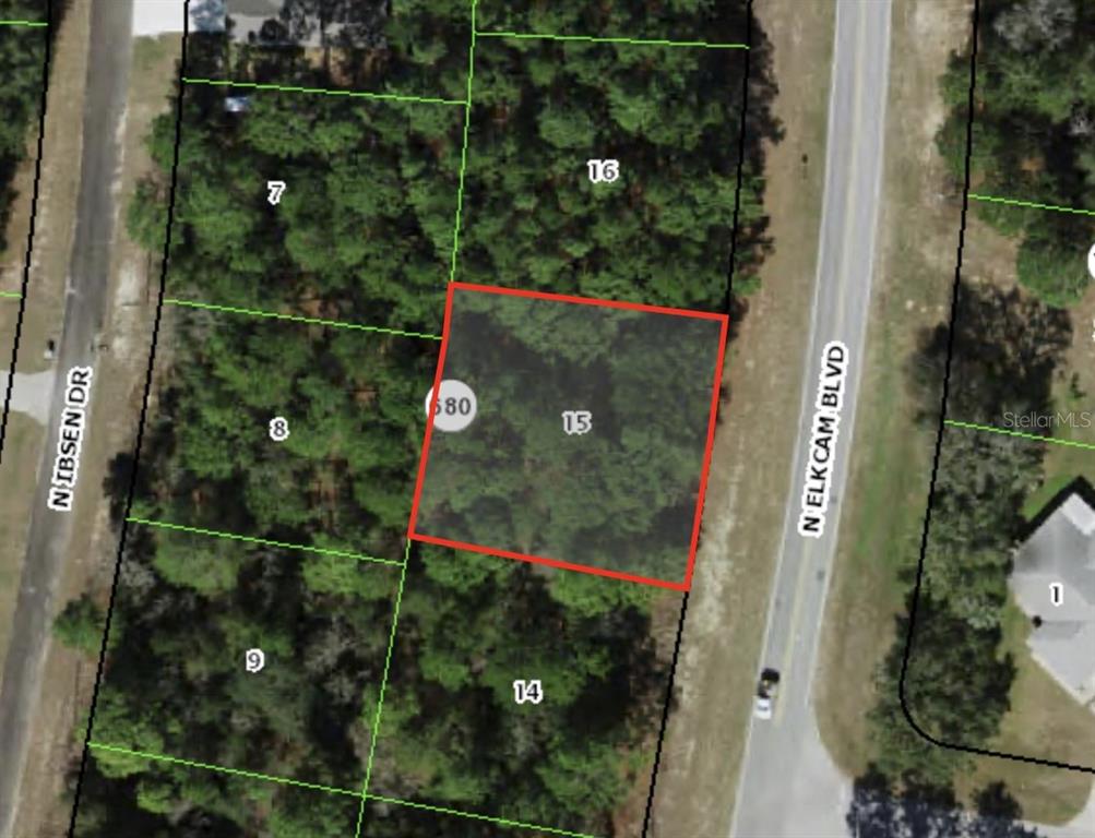 This is an aerial map showing a highlighted rectangular plot of land labeled 15 — 7868 N ELKCAM BLVD, CITRUS SPRINGS, FL
