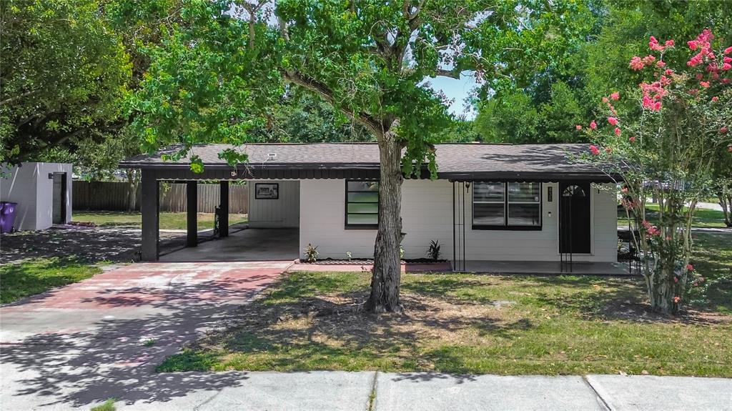 A single-story white house with a carport, a dark roof, and a front yard tree — 438 CALIFORNIA AVENUE, ST CLOUD, FL