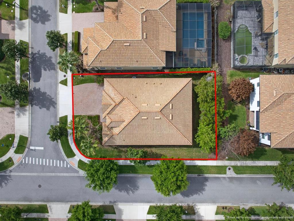 An aerial view shows a single-family house with a tiled roof outlined in red — 1300 GLENEAGLES LANE, DAVENPORT, FL