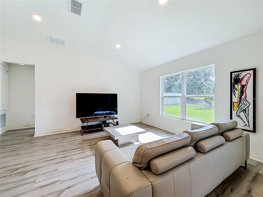 A living room features light wood-look flooring, a grey sofa, a television, and a window — 1507 GERANIUM DRIVE, MASCOTTE, FL