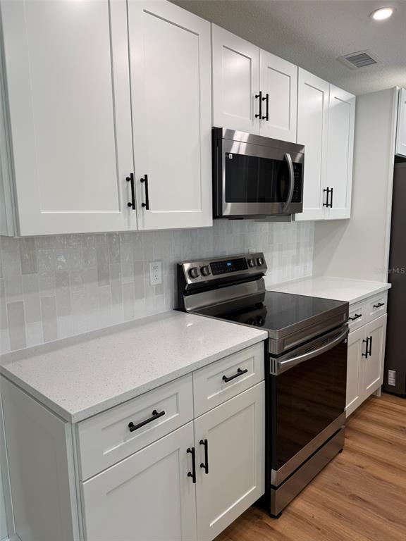 A kitchen features white shaker cabinets, stainless steel appliances, quartz countertops, and a tiled backsplash — 113 KENDALE DRIVE, SAFETY HARBOR, FL