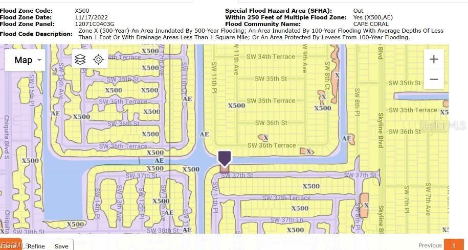 This is a flood zone map showing the property location relative to designated flood areas — 1109 SW 37TH STREET, CAPE CORAL, FL