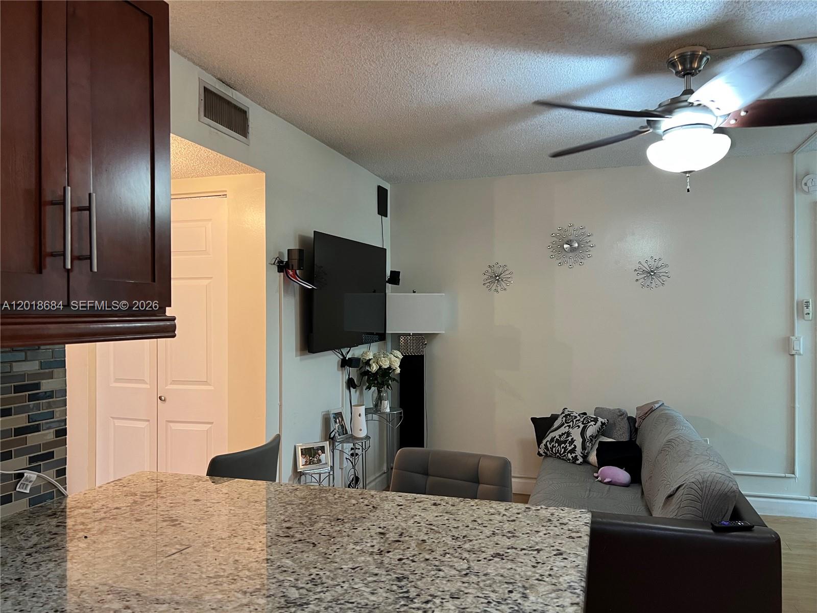 A living room features a granite-topped kitchen island, a wall-mounted television, and a gray sofa — 2075 SW 122nd Ave # 207, Miami FL 33175, MIAMI, FL