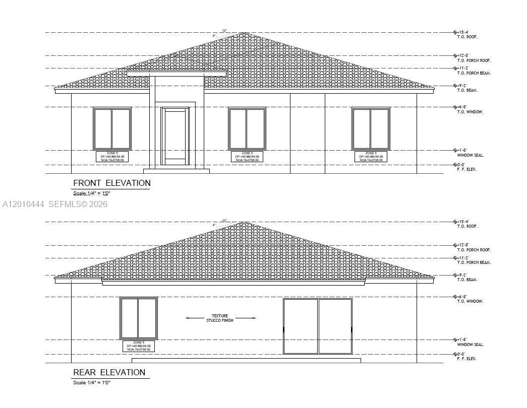 This architectural rendering shows the front and rear elevations of a single-story stucco house — 22464 SW 109th Psge, Miami FL 33170, MIAMI, FL