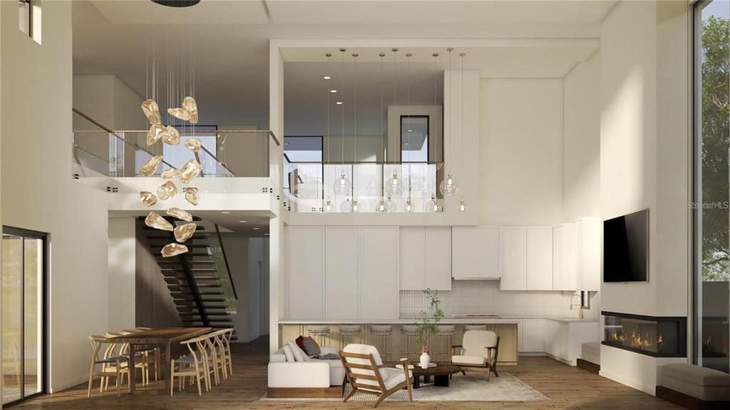 This rendering shows a modern open-concept living area with a double-height ceiling and floating staircase — 1004 W FRIBLEY STREET, TAMPA, FL